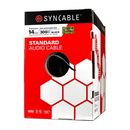 Syncable SW-AUD142BK Speaker Wire 14AWG 2 Conductor Stranded Oxygen Free BC, Black PVC, c(UL) CMG/FT4 (300M = Full Box)