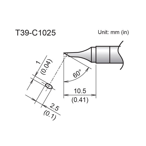 Hakko T39-C1025 Bevel Tip 1 x 2.5mm/60 Degrees x 10.5mm, for the FX-971 Soldering Station