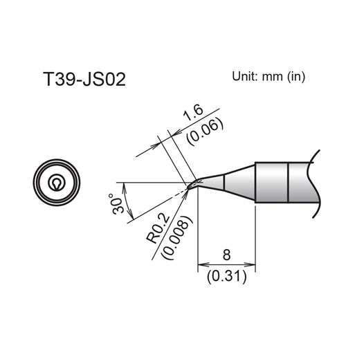 Hakko T39-JS02 Bent Tip R0.2mm/30 Degrees x 1.6 x 8mm, for the FX-971 Soldering Station