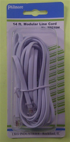 Philmore TEC10M Modular Telephone Cable 4 Conductor Plug to Plug, 14' Cord, White