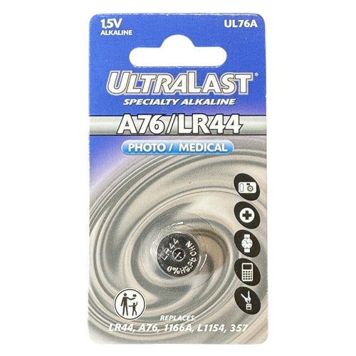 Ultralast UL76A 1.5V Alkaline Watch Battery (LR44, A76, PX76A, 675AB, MN76-1 Equivalent)