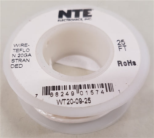 NTE 20AWG White Teflon Hookup Wire (25 Feet) WT20-09-25 200C/600V Silver Plated Copper/SPC