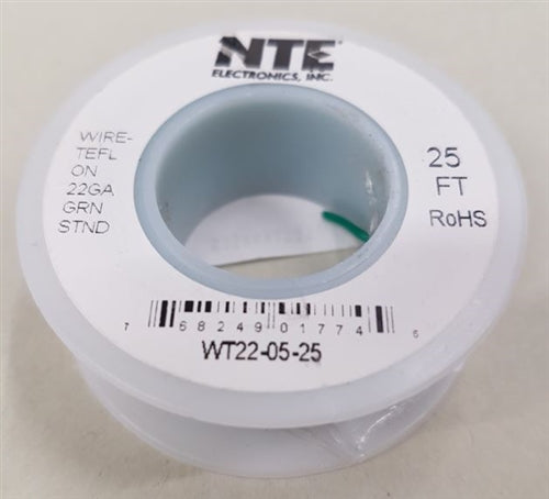 NTE 22AWG Green Teflon Hookup Wire (25 Feet) WT22-05-25 200C/600V Silver Plated Copper/SPC
