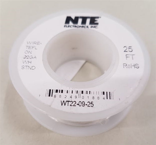 NTE 22AWG White Teflon Hookup Wire (25 Feet) WT22-09-25 200C/600V Silver Plated Copper/SPC