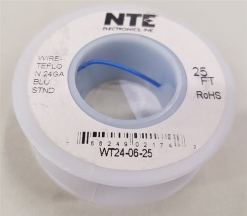 NTE 24AWG Blue Teflon Hookup Wire (25 Feet) WT24-06-25 200C/600V Silver Plated Copper/SPC
