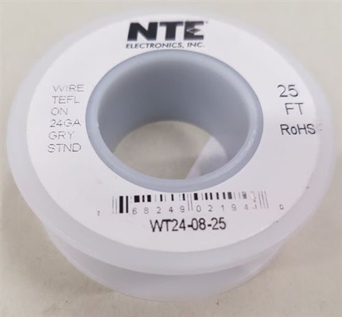 NTE 24AWG Gray Teflon Hookup Wire (25 Feet) WT24-08-25 200C/600V Silver Plated Copper/SPC