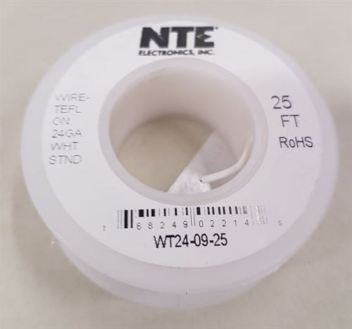 NTE 24AWG White Teflon Hookup Wire (25 Feet) WT24-09-25 200C/600V Silver Plated Copper/SPC