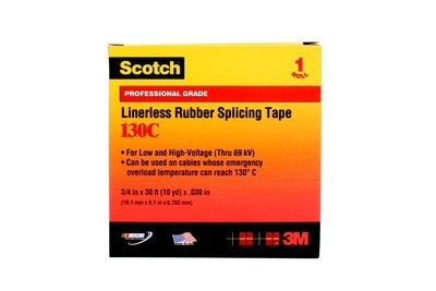 3M 130C Scotch Linerless Rubber Splicing Black Electrical Tape, Self-Bonding, 3/4" Wide x 30' Long