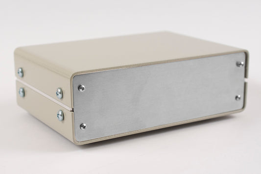Hammond 1402B 1402 Series Metal Instrument Enclosure, Solid Top and Bottom, 2.40" x 7.10" x 4.90", Beige Aluminum with Natural Aluminum Front/Rear Panels.