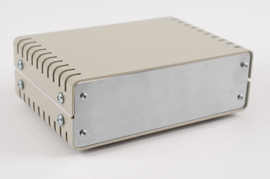 Hammond 1402BV 1402 Series Metal Instrument Enclosure, Vented Top and Bottom, 2.40" x 7.10" x 4.90", Beige Aluminum with Natural Aluminum Front/Rear Panels.