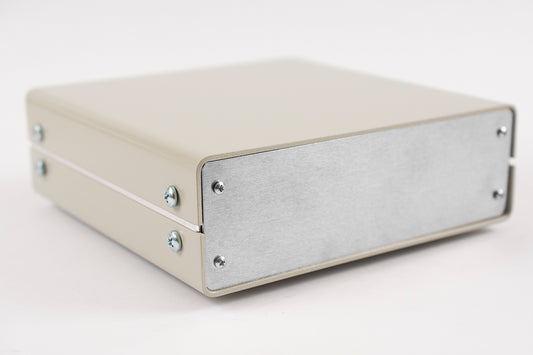 Hammond 1402D 1402 Series Metal Instrument Enclosure, Solid Top and Bottom, 2.40" x 7.10" x 7.30", Beige Aluminum with Natural Aluminum Front/Rear Panels.
