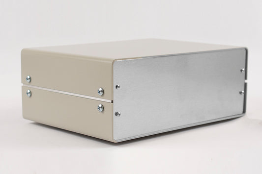 Hammond 1402H 1402 Series Metal Instrument Enclosure, Solid Top and Bottom, 3.90" x 10.00" x 7.30", Beige Aluminum with Natural Aluminum Front/Rear Panels.