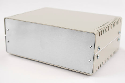 Hammond 1402HV 1402 Series Metal Instrument Enclosure, Vented Top and Bottom, 3.90" x 10.00" x 7.30", Beige Aluminum with Natural Aluminum Front/Rear Panels.