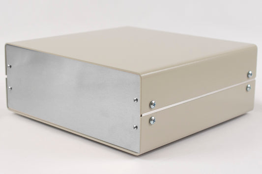 Hammond 1402K 1402 Series Metal Instrument Enclosure, Solid Top and Bottom, 3.90" x 10.00" x 9.60", Beige Aluminum with Natural Aluminum Front/Rear Panels.