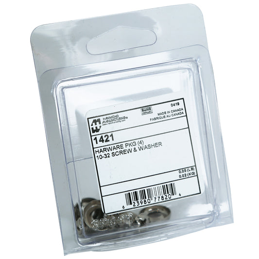 Hammond 1421 1421 Series Rack Screw and Nickel Plated Steel Finishing Washer Set, 10-32 Nickel Rack Screws, 4 screws and 4 metal cup washers.
