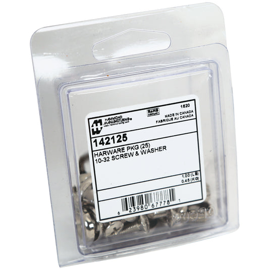 Hammond 142125 1421 Series Rack Screw and Nickel Plated Steel Finishing Washer Set, 10-32 Nickel Rack Screws, 25 screws and 25 metal cup washers.