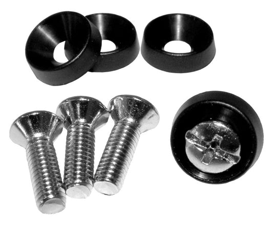 Hammond 1421A 10-32 Nickel Rack Screw and Black Plastic Cup Washer Set, 0.625" Countersunk Screws, 4 Screws and 4 Washers.