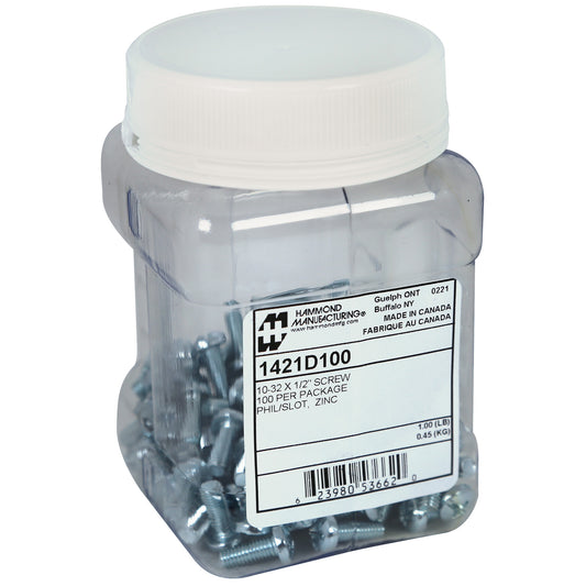 Hammond 1421D100 10-32 Rack Screws, Slotted/Phillips Pan Head, 0.50" Length, Zinc Plated, 100/Pack.