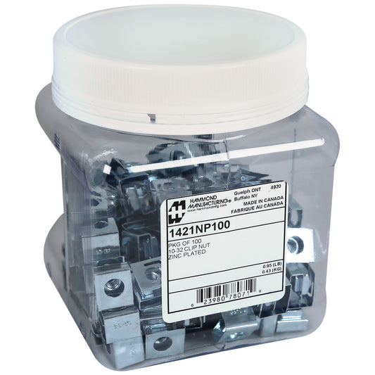 Hammond 1421NP100 10-32 Rack Rail Clip Nuts, Zinc Plated Spring Steel, For Non-Threaded Rack Rails, 100/Pack.