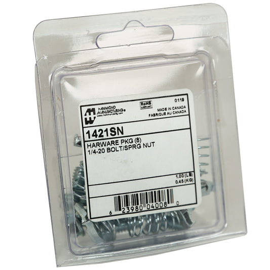 Hammond 1421SN 1421SN Rail Mounting Hardware, 1/4-20 Strut Spring Nuts and 1/4-20 x 1/2" Bolts, 8 bolts and 8 spring nuts.