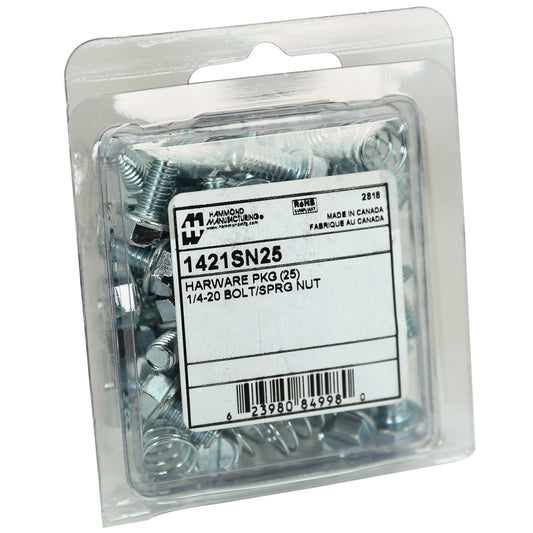Hammond 1421SN25 1421SN Rail Mounting Hardware, 1/4-20 Strut Spring Nuts and 1/4-20 x 1/2" Bolts, 25 bolts and 25 spring nuts.