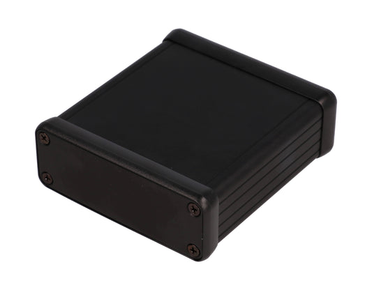 Hammond 1455J801BK 1455 Series Extruded Aluminum Enclosure, Aluminum End Panels, With Sliding Plate, 80 mm x 78 mm x 27 mm, Black Anodized.
