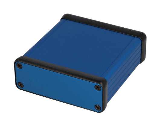 Hammond 1455J801BU 1455 Series Extruded Aluminum Enclosure, Aluminum End Panels, With Sliding Plate, 80 mm x 78 mm x 27 mm, Blue Anodized.