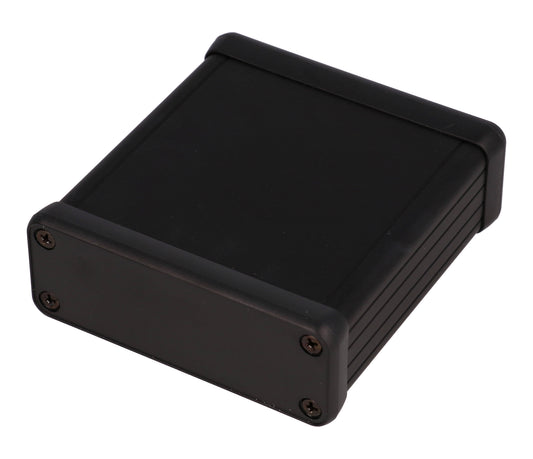 Hammond 1455J802BK 1455 Series Extruded Aluminum Enclosure, Plastic End Panels, With Sliding Plate, 80 mm x 78 mm x 27 mm, Black Anodized.