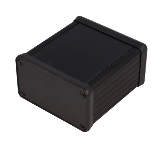 Hammond 1455K802BK 1455 Series Extruded Aluminum Enclosure, With Sliding Plate, Plastic End Panels, 80 mm x 78 mm x 43 mm, Black Anodized.