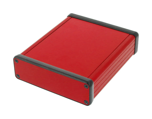 Hammond 1455L1201RD 1455 Series Extruded Aluminum Enclosure, With Sliding Plate, Aluminum End Panels, 120 mm x 103 mm x 30.5 mm, Red Anodized.