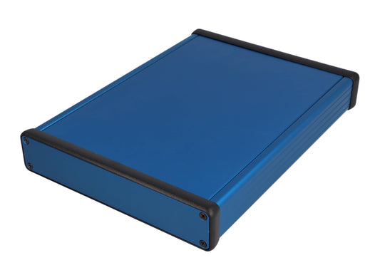 Hammond 1455R2201BU 1455 Series Extruded Aluminum Enclosure, With Sliding Plate, Aluminum End Panels, 220 mm x 165 mm x 30.5 mm, Blue Anodized.