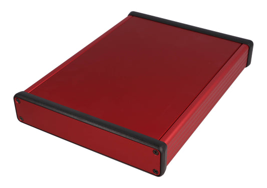 Hammond 1455R2201RD 1455 Series Extruded Aluminum Enclosure, With Sliding Plate, Aluminum End Panels, 220 mm x 165 mm x 30.5 mm, Red Anodized.