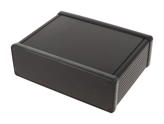 Hammond 1455T1201BK 1455 Series Extruded Aluminum Enclosure, With Sliding Plate, Aluminum End Panels, 120 mm x 165 mm x 51.5 mm, Black Anodized.