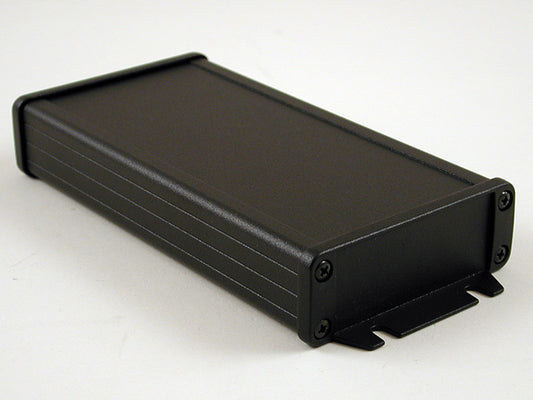 Hammond 1457J1602BK 1457 Series Watertight Extruded Aluminum Enclosure, IP65, Flanged Diecast Aluminum End Panels, 160 mm x 84 mm x 28 mm (6.30" x 3.30" x 1.12"), Black Powder Coated.