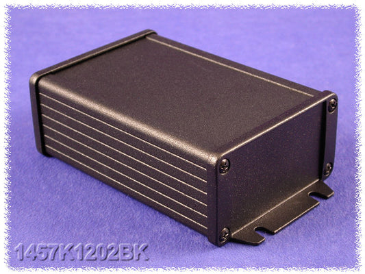 Hammond 1457K1202BK 1457 Series Watertight Extruded Aluminum Enclosure, IP65, Flanged Diecast Aluminum End Panels, 120 mm x 84 mm x 44 mm (4.73" x 3.30" x 1.73"), Black Powder Coated.