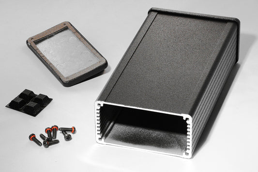 Hammond 1457K1602EBK 1457 Series EMI/RFI Shielded Watertight Extruded Aluminum Enclosure, IP65, Flanged Diecast Aluminum End Panels, 160 mm x 84 mm x 44 mm (6.30" x 3.30" x 1.73"), Black Powder Coated.