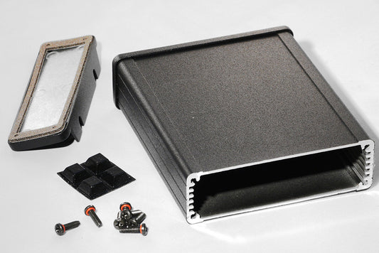 Hammond 1457L1202EBK 1457 Series EMI/RFI Shielded Watertight Extruded Aluminum Enclosure, IP65, Flanged Diecast Aluminum End Panels, 120 mm x 104 mm x 32 mm (4.73" x 4.09" x 1.26"), Black Powder Coated.