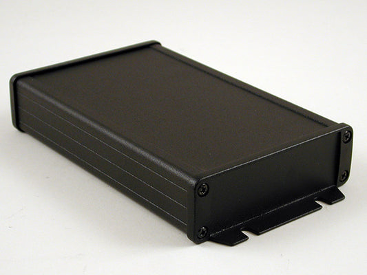 Hammond 1457L1602BK 1457 Series Watertight Extruded Aluminum Enclosure, IP65, Flanged Diecast Aluminum End Panels, 160 mm x 104 mm x 32 mm (6.30" x 4.09" x 1.26"), Black Powder Coated.