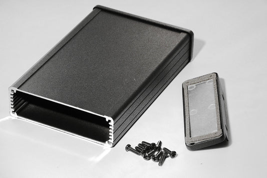 Hammond 1457L1602EBK 1457 Series EMI/RFI Shielded Watertight Extruded Aluminum Enclosure, IP65, Flanged Diecast Aluminum End Panels, 160 mm x 104 mm x 32 mm (6.30" x 4.09" x 1.26"), Black Powder Coated.