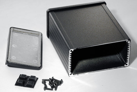 Hammond 1457N1202EBK 1457 Series EMI/RFI Shielded Watertight Extruded Aluminum Enclosure, IP65, Flanged Diecast Aluminum End Panels, 120 mm x 104 mm x 55 mm (4.73" x 4.09" x 2.15"), Black Powder Coated.