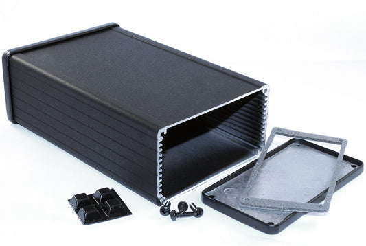 Hammond 1457N1601EBK 1457 Series EMI/RFI Shielded Watertight Extruded Aluminum Enclosure, IP65, Diecast Aluminum End Panels, 160 mm x 104 mm x 55 mm (6.30" x 4.09" x 2.15"), Black Powder Coated.