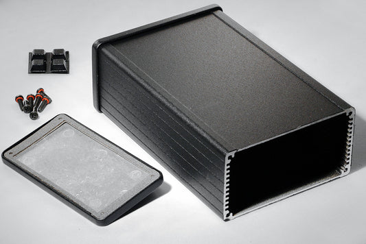 Hammond 1457N1602EBK 1457 Series EMI/RFI Shielded Watertight Extruded Aluminum Enclosure, IP65, Flanged Diecast Aluminum End Panels, 160 mm x 104 mm x 55 mm (6.30" x 4.09" x 2.15"), Black Powder Coated.