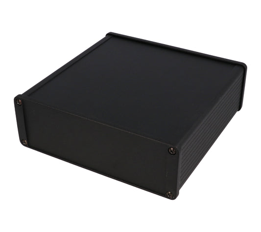 Hammond 1457T1601EBK 1457 Series EMI/RFI Shielded Watertight Extruded Aluminum Enclosure, IP65, Diecast Aluminum End Panels, 160 mm x 165 mm x 55 mm (6.30" x 6.51" x 2.15"), Black Powder Coated.
