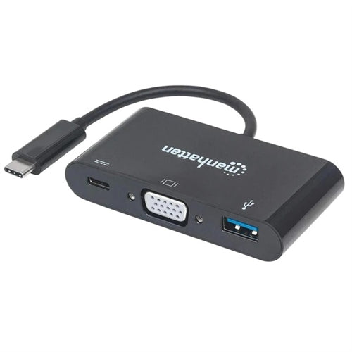 Manhattan 152044 USB Type-C to VGA 3-in-1 Docking Converter with Power Delivery, Multiport Converter, Black