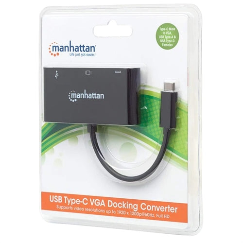 Manhattan 152044 USB Type-C to VGA 3-in-1 Docking Converter with Power Delivery, Multiport Converter, Black