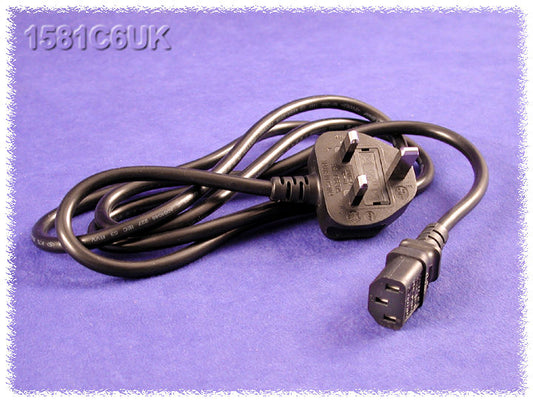 Hammond 1581C6UK 1581C6 Series Power Cord, UK BS1363 Plug to IEC 320-C13, 10A, 250VAC, 72" SVT 18/3 Cord.