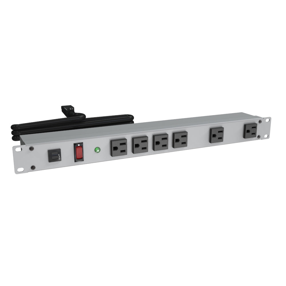 Hammond 1582H6A1S Rack Mount Power Bar 6-Outlets Front with Surge 15 Amps, Gray, Lit On/Off Switch, 6' Cord, Straight Plug