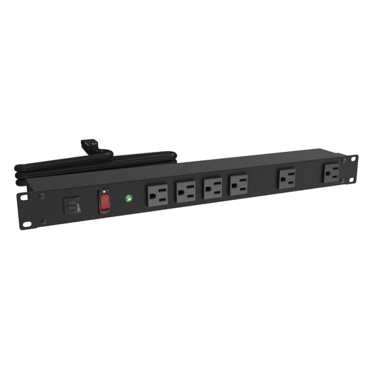 Hammond 1582H6A1SBK Rack Mount Power Bar 6-Outlets Front with Surge 15 Amps, Lit On/Off Switch, 6' Cord, Straight Plug