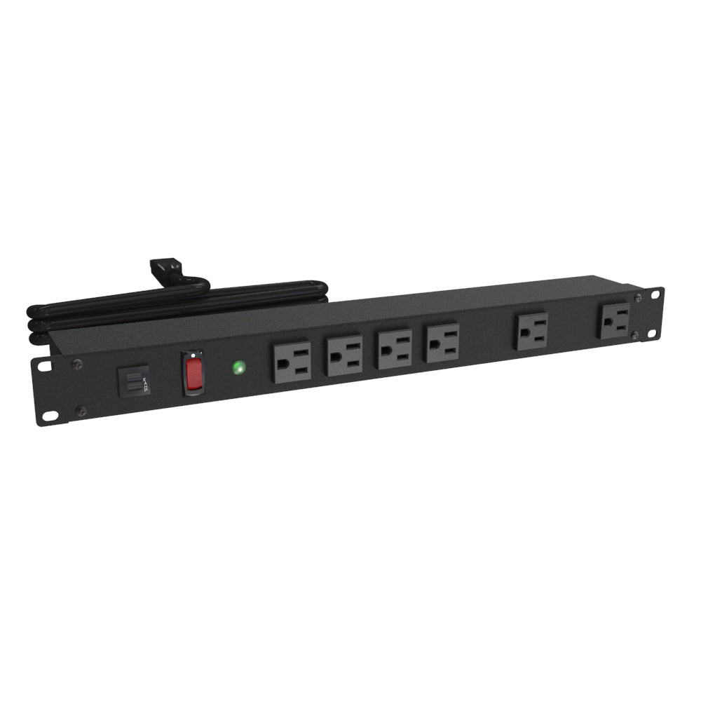 Hammond 1582H6B1SBK Rack Mount Power Bar 6-Outlets Front with Surge 15 Amps, Lit On/Off Switch, 15' Cord, Straight Plug