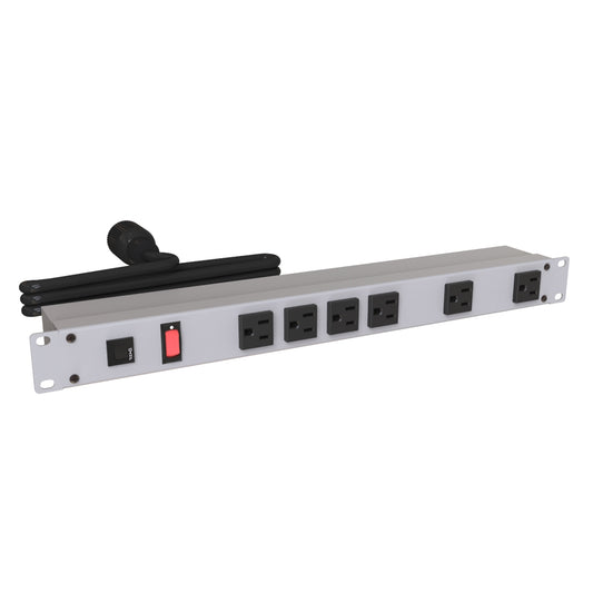 Hammond 1582H6D1 Rack Mount Power Bar 6-Outlets On Front 15 Amps, Gray, Lit On/Off Switch, 15' Cord, Locking Plug